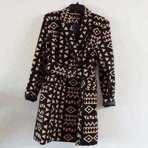 D’Iyanu African Print Belted Jacket Dress – Size M, Black & Tan Geometric